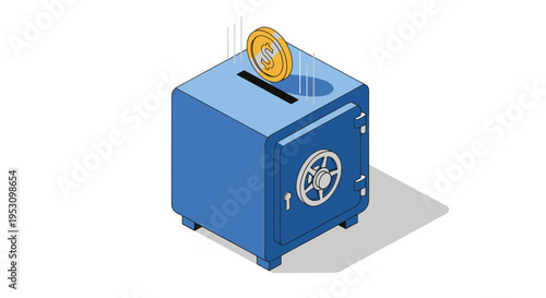 Isometric illustration of a blue safe with a coin being inserted into a slot, symbolizing savings and financial security.