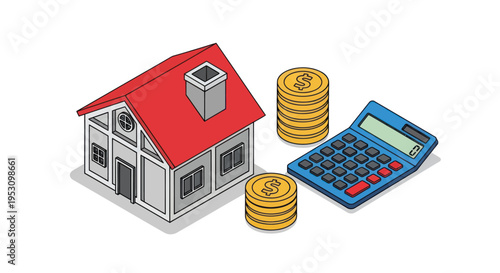 Isometric House with Coins and Calculator for Real Estate Investment.