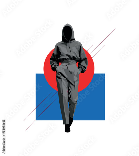 Black and white figure wearing high-waisted retro trousers and oversized modern hoodie, bold red circle behind midsection, blue geometric rectangle anchoring