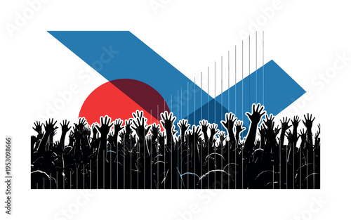 Black and white crowd of raised hands in retro photography style, bold blue rectangle slicing diagonally across composition, red circular element behind