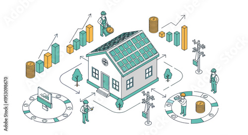 Isometric illustration of a house with solar panels and energy management system.