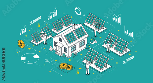 Isometric illustration of a house with solar panels and financial elements.