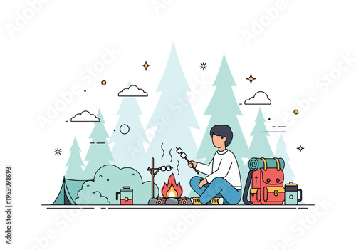 Person sitting cross-legged by a campfire in a forest clearing, roasting marshmallows with a backpack and camping gear nearby, emphasizing adventure and cozy