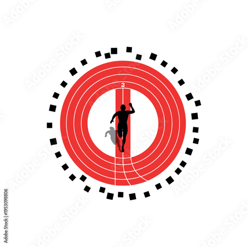 Top-view conceptual composition of circular progress tracker with percentage indicator in monochrome, framed inside a bold blue circular ring, small square