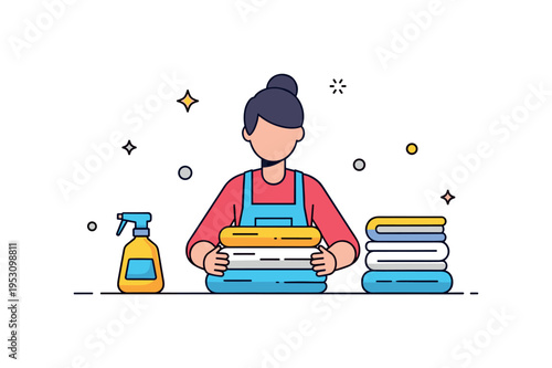 Person folding and stacking clean laundry while spring cleaning, illustrating organization, accomplishment, and a sense of domestic satisfaction. Minimalist