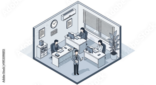 Isometric office interior with business people working at desks.