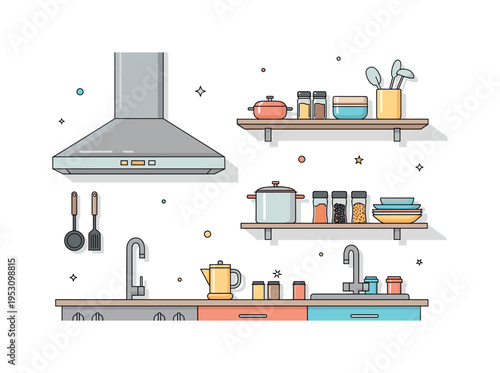 Minimal kitchen with open shelves displaying only essential cookware and spices, highlighting calm, clarity, and thoughtful design choices. Minimalist flat