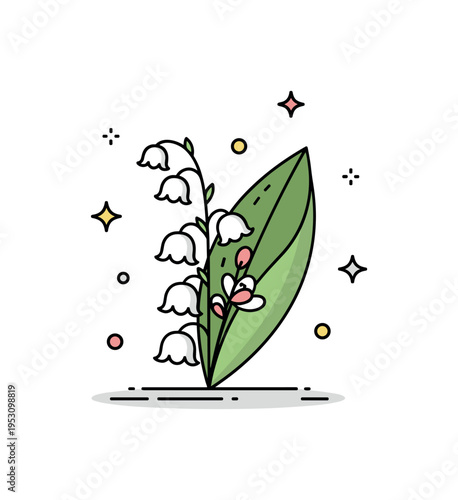 Lily of the valley illustrated as part of a small floral arrangement with tiny stars and decorative dots around, conveying elegance, springtime charm, and