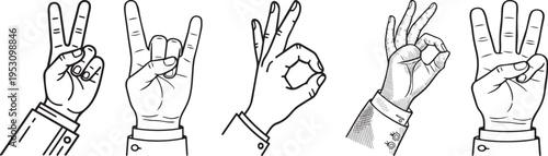 Hand gesture set peace love ok sign finger count icon collection line art style design