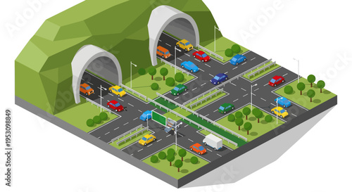 Isometric view of a busy highway intersection with tunnels and traffic.