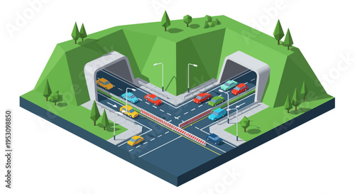 Isometric Urban Road Intersection with Tunnels and Busy Traffic Flow.