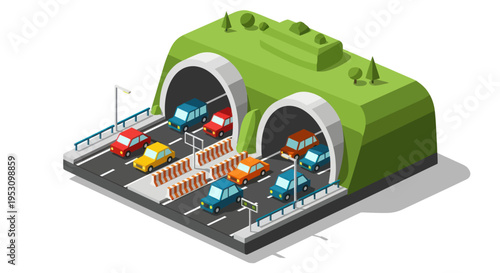 Isometric view of a busy tunnel with cars entering and exiting.