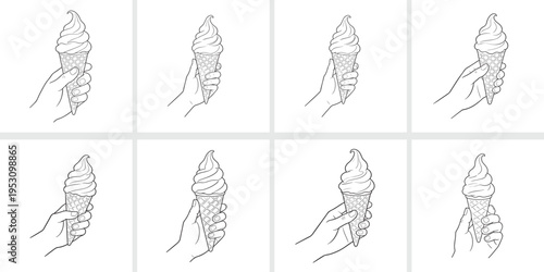 Hand holding ice cream cone set soft serve dessert line art icon collection clean design style