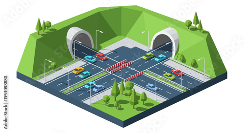 Isometric view of a complex road intersection with tunnels and cars.