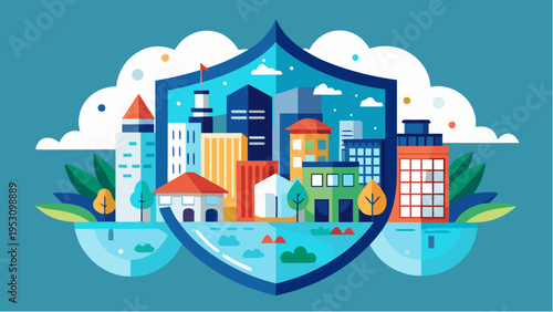 Colorful city protected by shield symbol representing climate risk insurance urban safety and environmental protection concept illustration