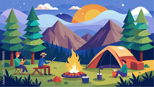 Colorful camping scene in mountains with friends around campfire tent forest sunset landscape adventure outdoor travel nature illustration
