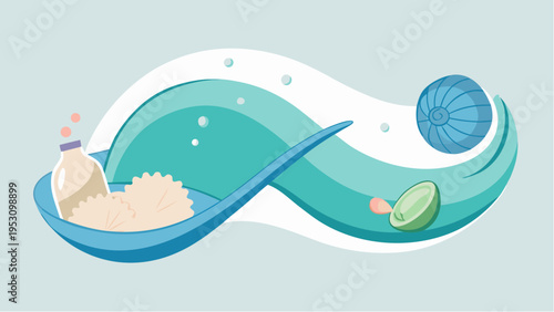 Marine collagen concept with ocean elements shells powder and capsules natural supplement beauty and health illustration