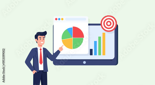 Man presenting business growth charts and pie chart on a screen.