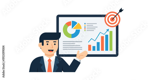 Man presenting business growth charts and financial data on a tablet screen with a target in the background.