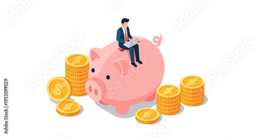 Man sitting on piggy bank with coins around him representing savings and investment.