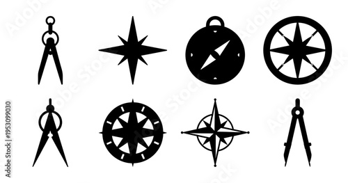 Compass and Navigation Tools Silhouettes Icon Set - Collection of compass and navigation tool silhouettes including compasses and directional symbols, ideal for travel, mapping, and exploration design
