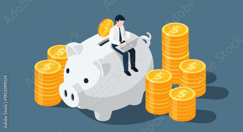 Man Sitting On Piggy Bank Surrounded By Stacks Of Coins.