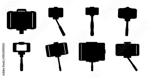 Silhouette of Various Selfie Sticks and Phone Holders on a White Background