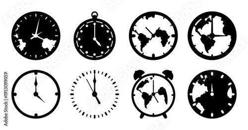 Collection of Clocks Featuring Globe Faces and Assorted Timepieces Iconography
