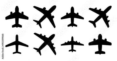 Multiple Airplane Silhouettes Flying in Different Directions on a White Background