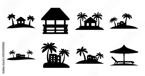 Set of seven black and white tropical beach scene vector graphics