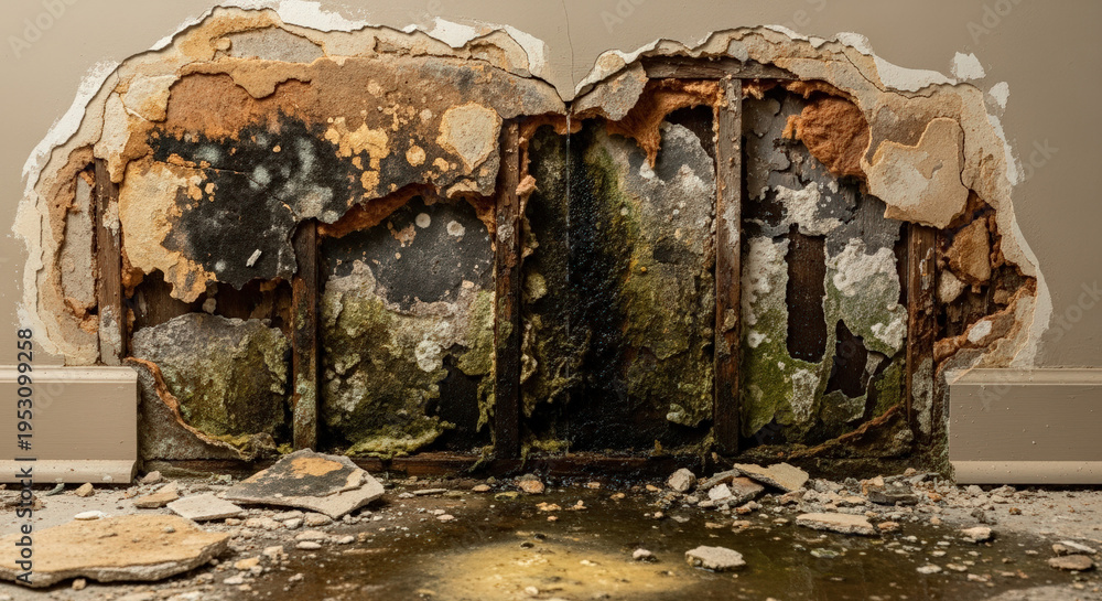Obraz premium Water damage on wall from hidden leak showing mold growth, deteriorating paint, and damaged structure in indoor setting