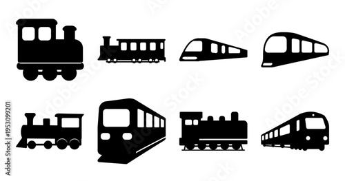 Collection of stylized black train silhouettes on a white background showcase transportation