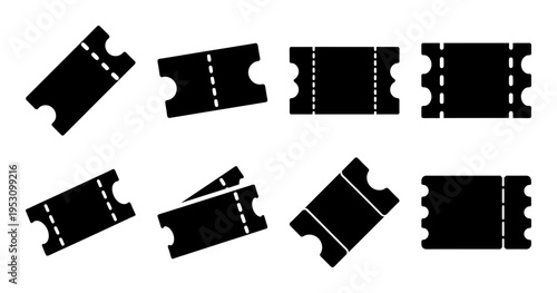 Collection of stylized ticket icons in black silhouette on a white background