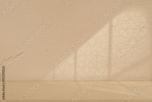 Eid Mubarak.Minimal Islamic background with soft sunlight casting arabesque geometric window shadows on beige wall.Vector studio room for Ramadan Kareem,Eid al Fitr,Mosque interior spiritual design