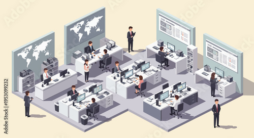 Modern Office Environment with Employees Working at Desks.