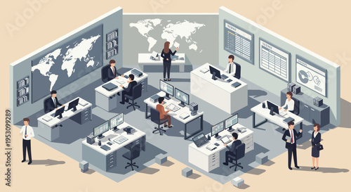 Modern Office Environment with Professionals Working on Computers.