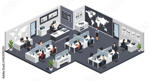Modern Office Interior with Diverse Employees Working Collaboratively.
