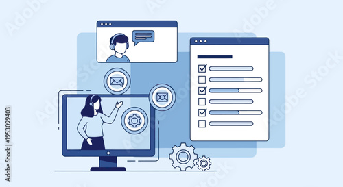 Online education and customer support concept with digital interfaces.