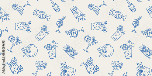 seamless pattern with hand drawn blue line cocktails and tropical drinks on beige background for summer bar menu and wallpaper