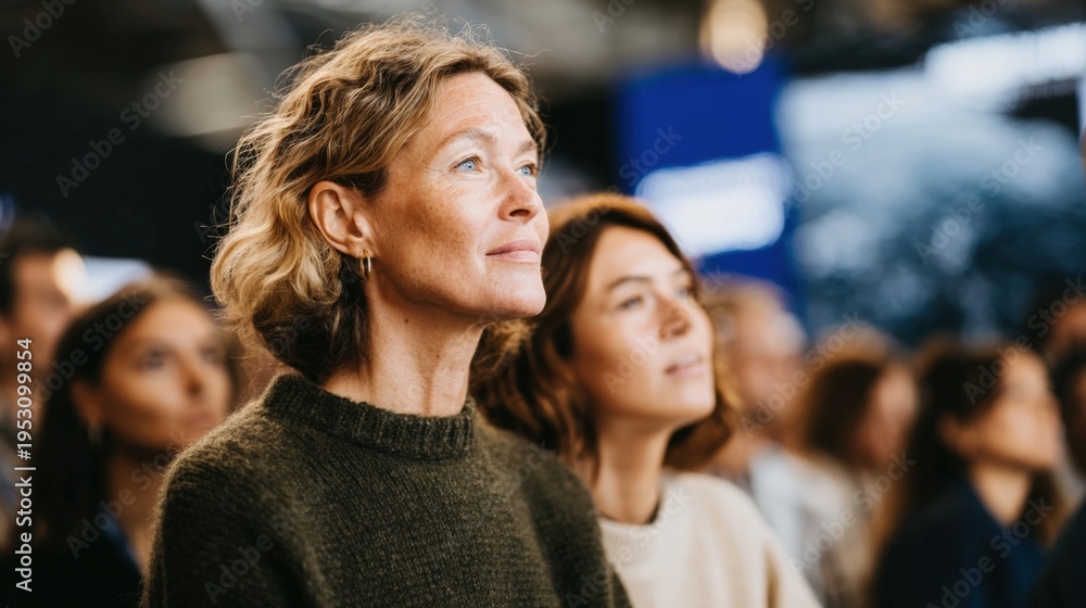 Fototapeta premium Thoughtful woman listening attentively during a conference, surrounded by an audience in a modern indoor event space.