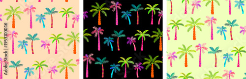 vector seamless summer pattern set hand drawn neon palm trees black beige and yellow background tropical botanical posters cards