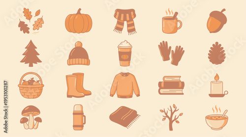 A charming collection of autumn and fall season icons, featuring cozy items and natural elements.