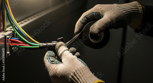Electrician wrapping electrical wire with tape, detailed shot of hands working with colorful cables