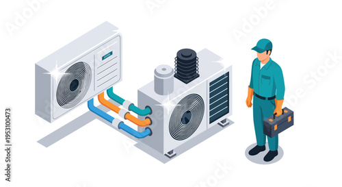 HVAC Technician Installing Air Conditioning System Isometric Illustration.