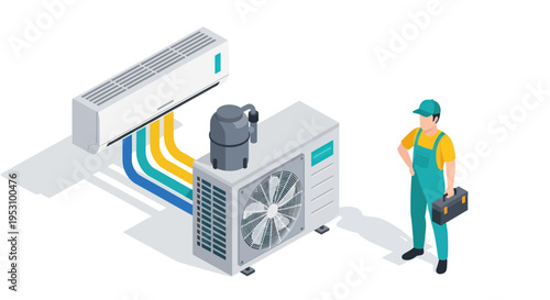 HVAC Technician Installing Air Conditioning System Isometric Illustration.