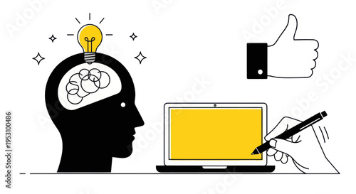 Illustration of a human head with a lightbulb and brain symbolizing ideas and learning next to a laptop and hand writing.
