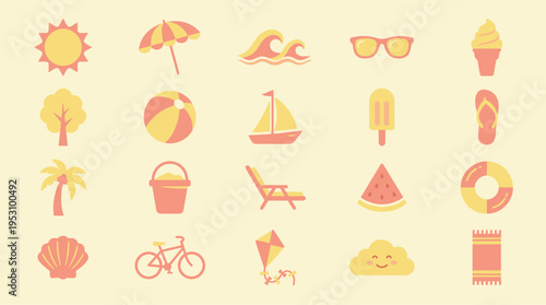 A collection of charming, minimalist, flat design summer and beach vacation icons for sunny seasonal themes.