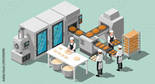 Industrial Bakery Production Line with Bakers Working.