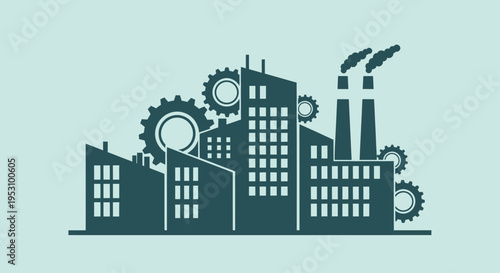 Industrial factory buildings with gears and smokestacks.
