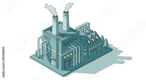 Industrial factory building with smoking chimneys and pipes.